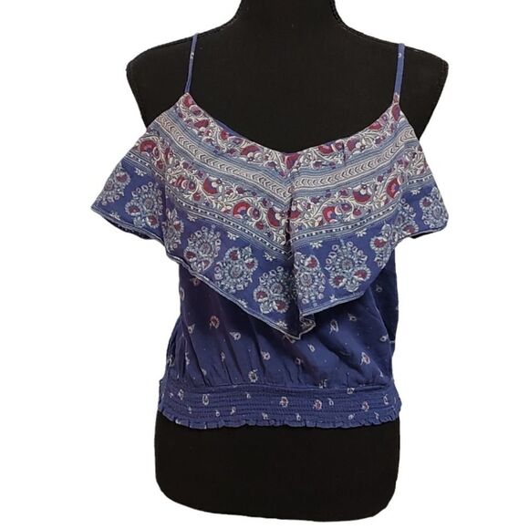 American Eagle Blue Red Paisley Ruffle Crop Tank Small - Picture 1 of 4
